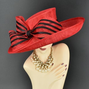 M1314 ( Red/Black ) Kentucky Derby hat, Church hat, Wedding hat, Tea Party hat, Carriage hat with Jumbo striped Bow Wide Brim Sinamay Hat