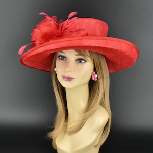 M4003 ( Red hat )Kentucky Derby hat, Church hat, Wedding hat, Easter hat, Mother of Bride hat, Ascot hat, Medium Brim Sinamay Hat