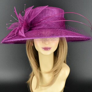 M489( Grape Purple)Kentucky Derby Hat, Church Hat, Wedding Hat, Easter Hat, Tea Party Hat Formal Hat & Net Wide Brim Sinamay Hat