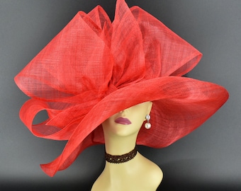 SD28A Red – Jumbo Bow  Wide-Brim Sinamay Hat – Kentucky Derby | Royal Ascot | Wedding | Garden Party | Easter | Custom Hat