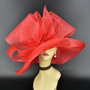 SD28A ( Red hat ) Kentucky Derby Hat, Church Hat, Wedding Hat, Eater hat, Tea Party Hat, Race hat Jumbo Bow Wide Brim Sinamay Hat