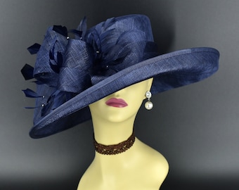 M4002 ( Navy blue hat ) Kentucky Derby hat, Church hat, Wedding hat, Easter hat, Mother of Bride hat, Royal Ascot hat, Med Brim Sinamay Hat