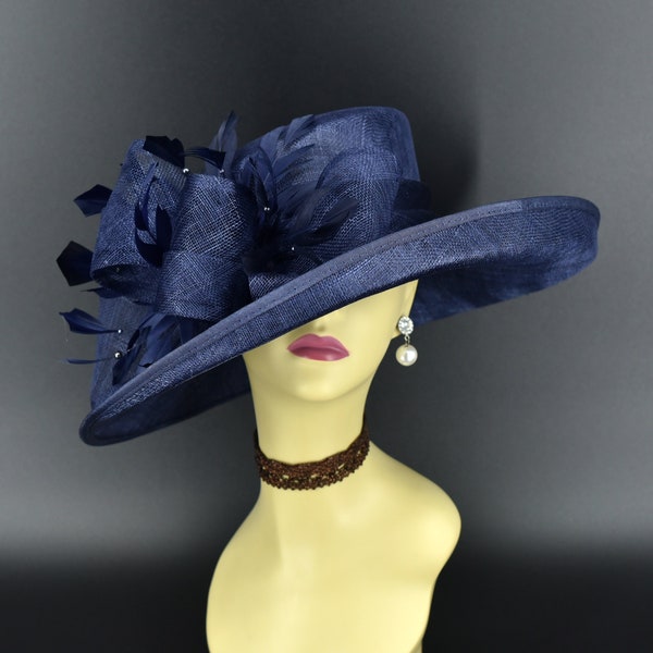 M4002 (Marineblauer Hut) Kentucky Derby Hut, Kirchenhut, Hochzeitshut, Osterhut, Brautmutterhut, Royal Ascot Hut, Med Brim Sinamay Hut