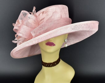 M4002 ( Blush Pink hat ) Kentucky Derby hat, Church hat, Wedding hat, Easter hat, Mother of Bride hat, Royal Ascot hat, Med Brim Sinamay Hat
