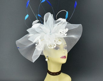 MF6190L (Wit + meerdere kleuren) Kentucky Derby Wedding Sinamay w 7" brede Crin Lace Geborduurde rand Veren Quill Hoofdband Grote Fascinator