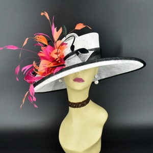 M34-1 (White/Black/Orange-Hot Pink) Kentucky Derby Hat Church Hat Wedding Hat Easter Hat Tea Party Formal Hat Wide Brim Sinamay Hat