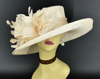 M4002( Champagne hat)Kentucky Derby hat, Church hat, Wedding hat, Easter hat, Mother of Bride hat, Royal Ascot hat, Med Brim Sinamay Hat
