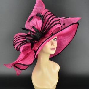 M23157 ( Hot pink/Black ) Kentucky Derby hat, Church hat, Wedding hat, Tea Party hat, Jumbo Bow & Long Feathers Sinamay Floppy Wide Brim Hat