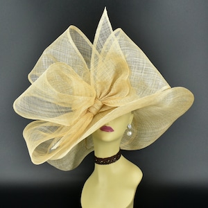 SD28A (Natural Silver hat ) Kentucky Derby Hat, Church Hat, Wedding Hat, Eater hat, Tea Party Hat, Beige hat Jumbo Bow Wide Brim Sinamay Hat