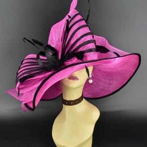 M23157 ( Fuchsia/Black ) Kentucky Derby hat, Church hat, Wedding hat, Tea Party hat, Jumbo Bow & Long Feathers Sinamay Floppy Wide Brim Hat