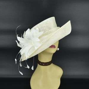 M902( Ivory + More colors ) Kentucky Derby Hat Church Hat Wedding Hat Easter Hat Tea Party & Double Flowers Medium Brim Sinamay Dress Hat