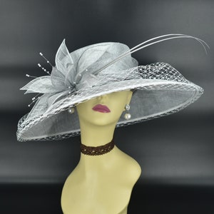 M489( Silver/Light Gray )Kentucky Derby Hat Church Hat Wedding Hat Easter Hat Tea Party Hat Formal Hat & Net Wide Brim Sinamay Hat
