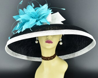 M22025F Black/White – Audrey Hepburn Hat | 19.75” Jumbo Wide-Brim Sinamay Derby Hat