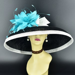 M22025F ( Black White hat ) Audrey Hepburn Hat with Double feather flowers, 19.75" Jumbo Wide Brim Sinamay Hat