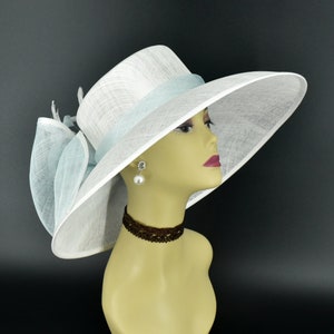 M95( White Powder blue )Kentucky Derby Hat, Church Hat, Wedding Hat, Easter Hat, Tea Party hat Big Bow Wide Brim Woman's Sinamay Hat