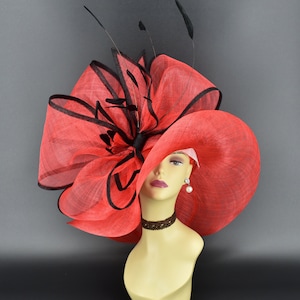 SD28A ( Red Black hat ) Kentucky Derby Hat, Church Hat, Wedding Hat, Eater hat, Tea Party Hat, Race hat Jumbo Bow Wide Brim Sinamay Hat