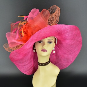 SD20 (felroze oranjerode hoed) Kentucky Derby-hoed trouwhoed paardenrace Royal Ascot Crin Bow Veil Feather bloem hoed met brede rand