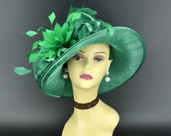 SF044( Green + More colors )Kentucky Derby, Church, Wedding, Easter, Tea Party, Formal Feather Satin Med Brim Sinamay Hat