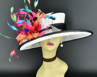 M34-1 (White/Black/Orange-Hot Pink) Kentucky Derby Hat Church Hat Wedding Hat Easter Hat Tea Party Wide Brim Sinamay Hat