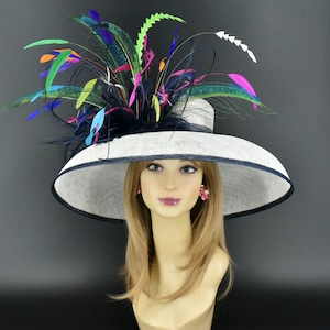 M22022( White/Navy + Multi-colors ) Audrey Hepburn  Hat 19.75&quot; Wide Brim Sinamay Hat