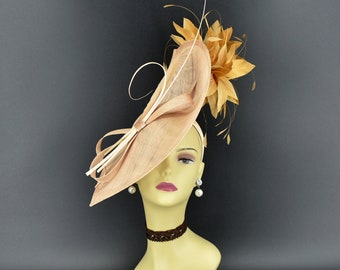 MF173-1( Tan Beige/Gold )Jumbo Kentucky Derby Wedding Easter Tea Party Royal Ascot Sinamay Quill, Feather Flowers Headband Large Fascinator