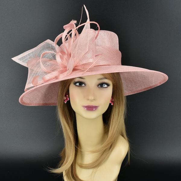 M23012( Light blush pink )Kentucky Derby Hat Church Hat Wedding Hat Easter Hat Tea Party Hat & Cure Bow Feathers  Wide Brim Sinamay Hat