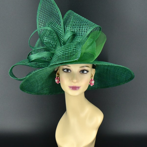 M22021( Green ) Kentucky Derby hat, Wedding hat, Easter hat, Royal Ascot hat, Jumbo Bow Wide Brim Sinamay Hat