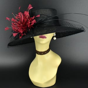 M489( Black/Burgundy ) Kentucky Derby Hat, Church Hat, Wedding Hat, Easter Hat, Tea Party Hat Feather flower Wide Brim Sinamay Hat