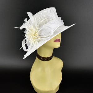SF05( White ) Kentucky Derby hat, Church hat, Wedding hat, Carriage hat, Tea Party hat with feather flower Small Brim Sinamay Hat