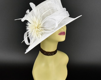 SF05( White ) Kentucky Derby hat, Church hat, Wedding hat, Carriage hat, Tea Party hat with feather flower Small Brim Sinamay Hat