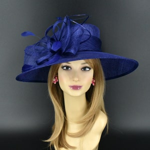 M23012( Royal Blue )Kentucky Derby Hat Church Hat Wedding Hat Easter Hat Tea Party Hat & Cure Bow Feathers  Wide Brim Sinamay Hat