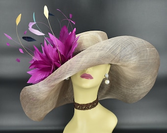 Ivory Sinamay Kentucky Derby Hat, Feather Flower Ascot Hat  display picture 1