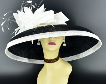 M22025F ( Black White hat ) Audrey Hepburn Hat with Double feather flowers, 19.75" Jumbo Wide Brim Sinamay Hat