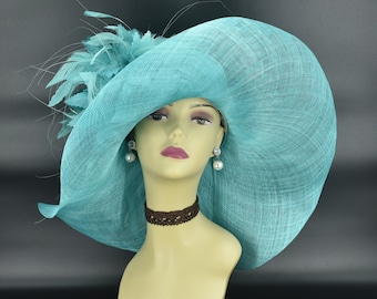 M508 ( Turquoise Aqua hat) Kentucky Derby hat, Church hat, Wedding hat, Tea Party hat with Jumbo Feather Flower Floopy Wide Brim Sinamay Hat