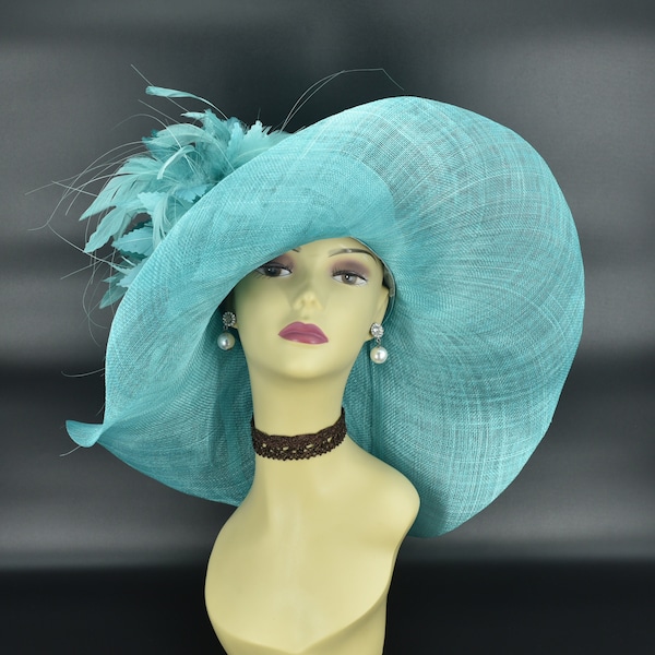 M508 ( Turquoise Aqua hat) Kentucky Derby hat, Church hat, Wedding hat, Tea Party hat with Jumbo Feather Flower Floopy Wide Brim Sinamay Hat