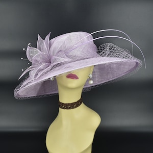 M489( Lilac/Light purple )Kentucky Derby Hat Church Hat Wedding Hat Easter Hat Tea Party Hat Formal Hat & Net Wide Brim Sinamay Hat