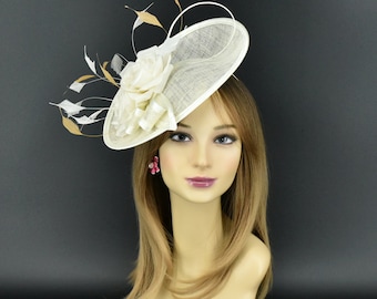 M8184(Ivory + multiple color options)Kentucky Derby, Wedding, Tea Party Royal Ascot Sinamay Silk Flowers Headband Medium Fascinator Cocktail