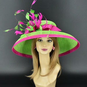 M22025( Green Fuchsia hat ) Audrey Hepburn Hat 19.75&quot; Jumbo Wide Brim Sinamay Hat