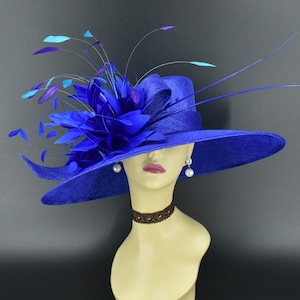 M936( Royal blue Purple teal blue hat ) Kentucky Derby hat Wedding hat Royal Ascot Jumbo Feather Flower Wide Brim Woman Sinamay Hat