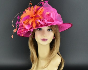 SF044 ( Fuchsia orange hat )Kentucky Derby Hat, Church Hat, Wedding Hat, Tea Party, Formal Hat Feather Satin Med Brim Sinamay Hat