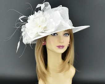 SF044( White )Kentucky Derby Hat, Church Hat, Wedding Hat, Easter Hat, Tea Party, Formal Hat Feather Satin Med Brim Sinamay Hat