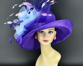 M22020F( Purple/baby blue/lilac/lavender) Kentucky Derby hat, Wedding hat, Royal Ascot hat, Tea party hat fancy Wide Brim Sinamay Hat