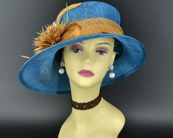 SF05( Teal Gold ) Sombrero Kentucky Derby, sombrero de iglesia, sombrero de boda, sombrero de carruaje, sombrero de fiesta de té con flor de plumas Sombrero Sinamay de ala pequeña