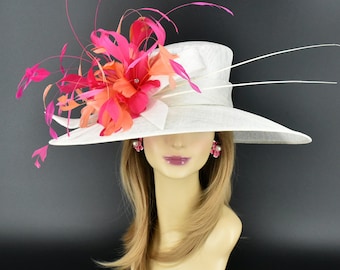 M935( White orange hot pink ) Kentucky Derby hat, Wedding hat, Easter hat, Royal Ascot hat, Jumbo Feather Flower Wide Brim Sinamay Hat