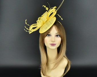 SF542 ( Yellow ) New Kentucky Derby, Church, Wedding, Tea Party, Easter Sinamay Small Fascinator Cocktail Headband