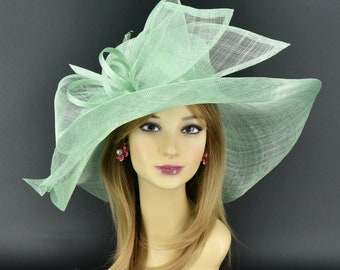 M22019 ( Mint Green ) Kentucky Derby hat Church hat Wedding hat Tea Party hat Big Bow & Long Feathers Sinamay Floopy Wide Brim Hat