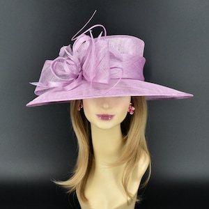 M23012( Lilac )Kentucky Derby Hat Church Hat Wedding Hat Easter Hat Tea Party Hat & Cure Bow Feathers  Wide Brim Sinamay Hat