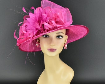 SF044( Hot Pink with Fuchsia flower ) Kentucky Derby, Church, Wedding, Easter, Tea Party, Formal Feather Satin & Rhinestone Brim Sinamay Hat