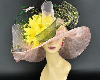 SD20( Pink + multi-colors) Kentucky Derby hat Wedding hat Horse Race Royal Ascot Crin Bow Veil Feather flower Wide Brim Hat