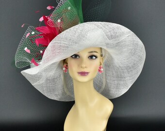 SD518-2 (White Hot pink hat) wide Brim Kentucky Derby Hat Church Hat Wedding Hat Easter Hat Tea Party Magenta Hat Sinamay Dress Hat